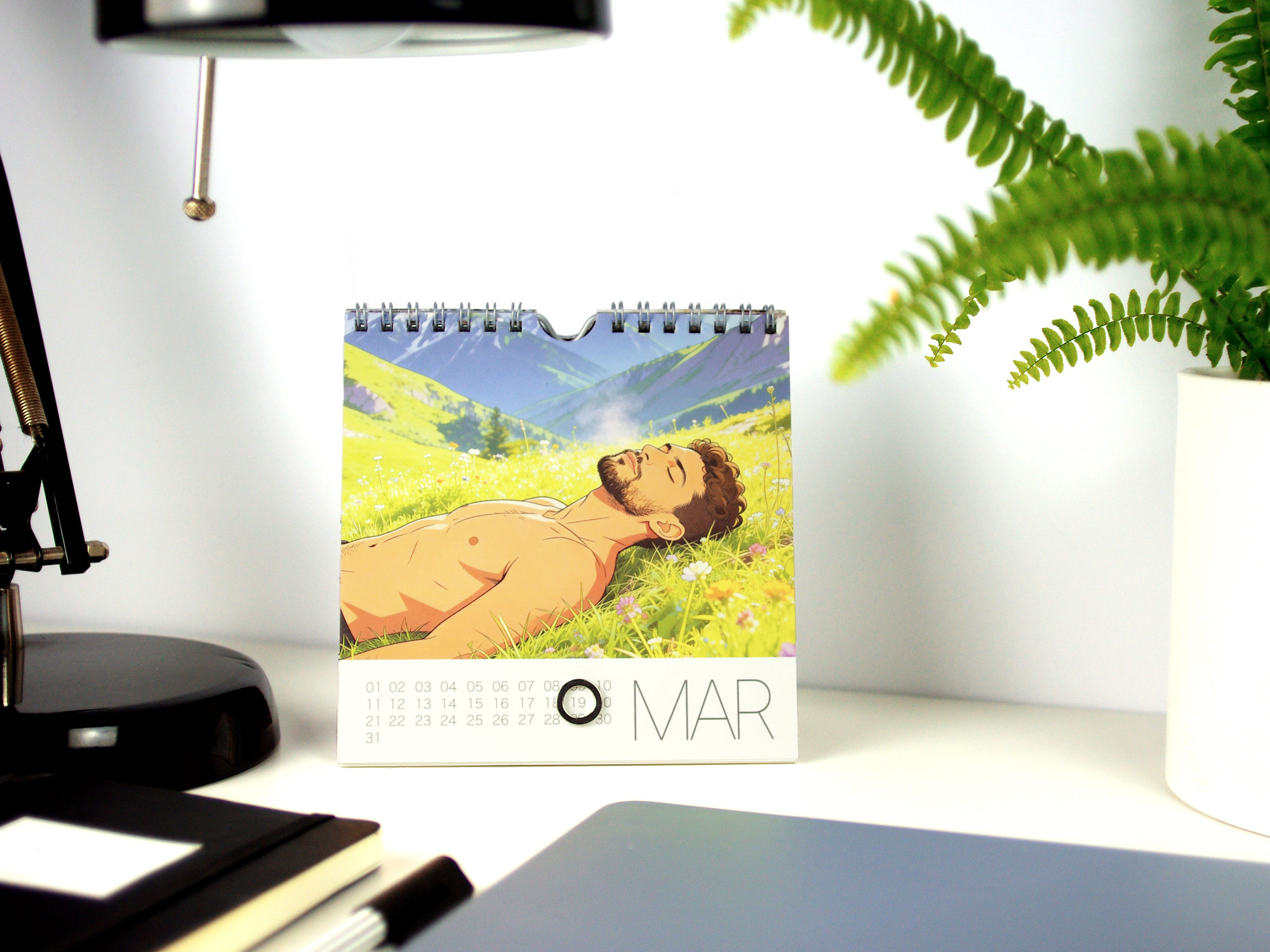 Monatsseite März des Pin-up Graphic-Novel Tischkalenders „My Timeless Little Fantasy“ im Büro auf einem Schreibtisch aufgestellt