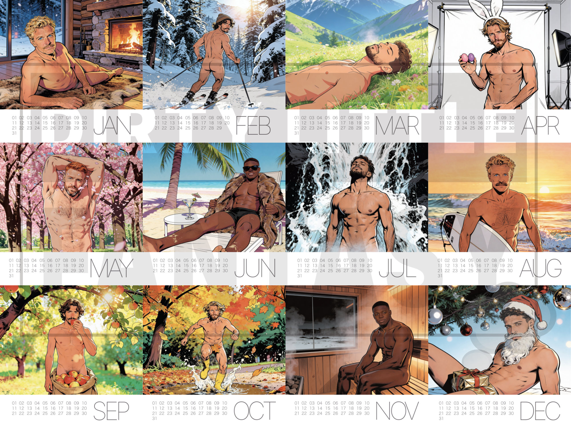 Übersicht aller Monatsmotive aus dem Pin-up Graphic-Novel Tischkalender „My Timeless Little Fantasy“