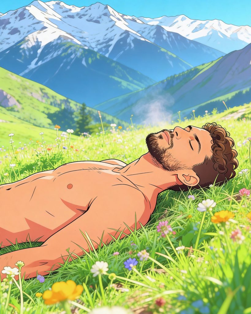 Graphic-Novel-Illustration eines Mannes der träumend in einer Frühlingswiese liegt, Dirty Little Fantasy Kalendermotiv