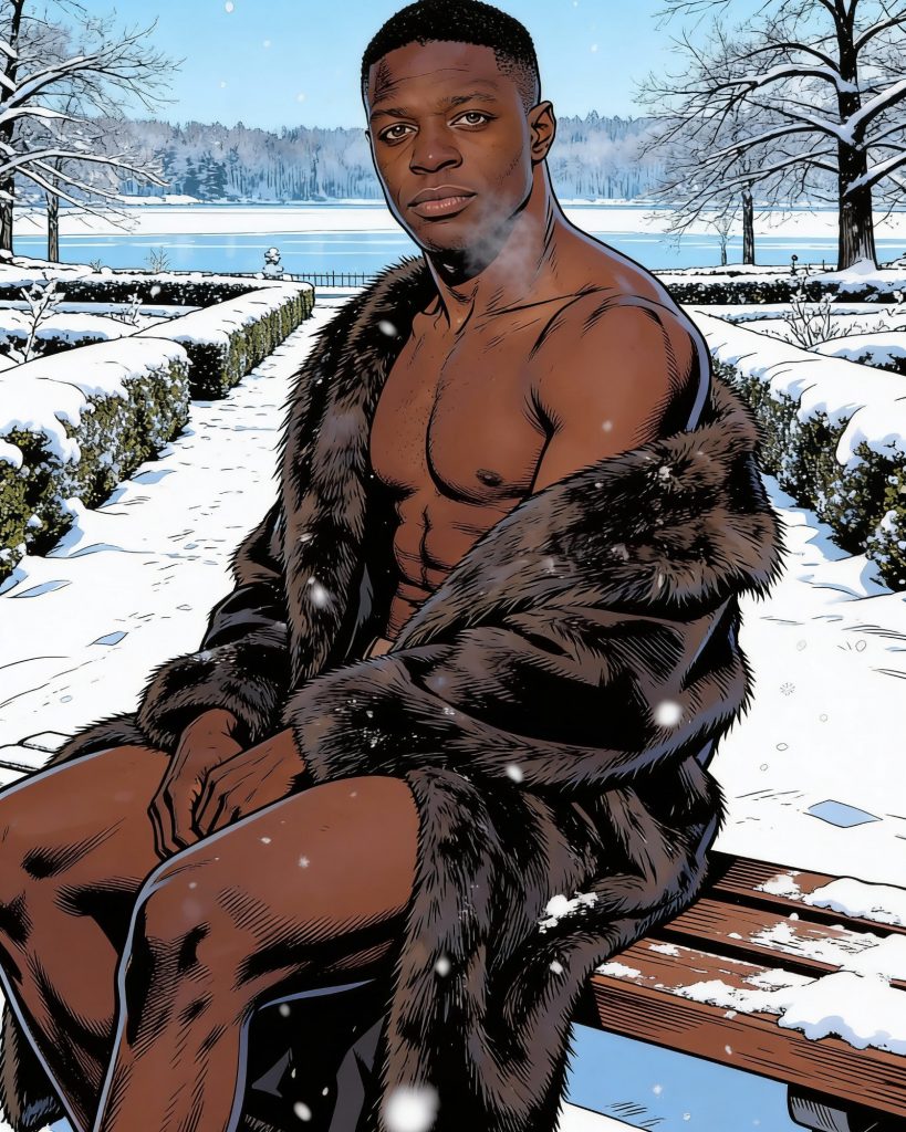 Graphic-Novel-Illustration eines Mannes im Pelzmantel im Winter, Dirty Little Fantasy Kalendermotiv